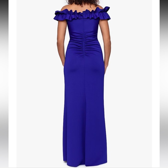 DILLARDS Stretch Ruffle Off-the-Shoulder Ruched Back Gown - Picture 3 of 4